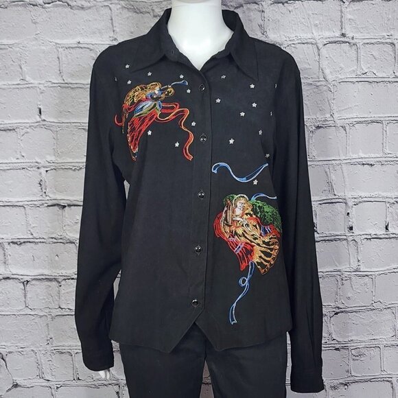 Bill Blass Vintage Black Embroidered Christmas Angel Shirt, Women's Large - Picture 2 of 15